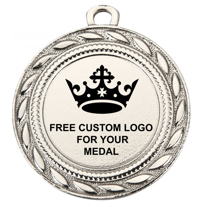PACK OF 100 BULK BUY 40MM SILVER MEDALS, RIBBON AND CUSTOM LOGO **AMAZING VALUE**